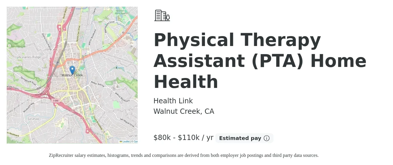 Health Link job posting for a Physical Therapy Assistant (PTA) Home Health in Walnut Creek, CA with a salary of $31 to $41 Hourly with a map of Walnut Creek location.