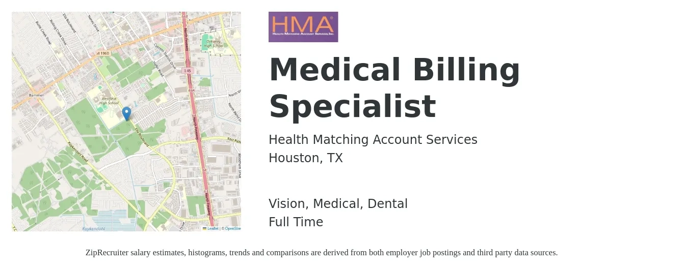 Health Matching Account Services job posting for a Medical Billing Specialist in Houston, TX with a salary of $18 to $22 Hourly and benefits including medical, vision, and dental with a map of Houston location.