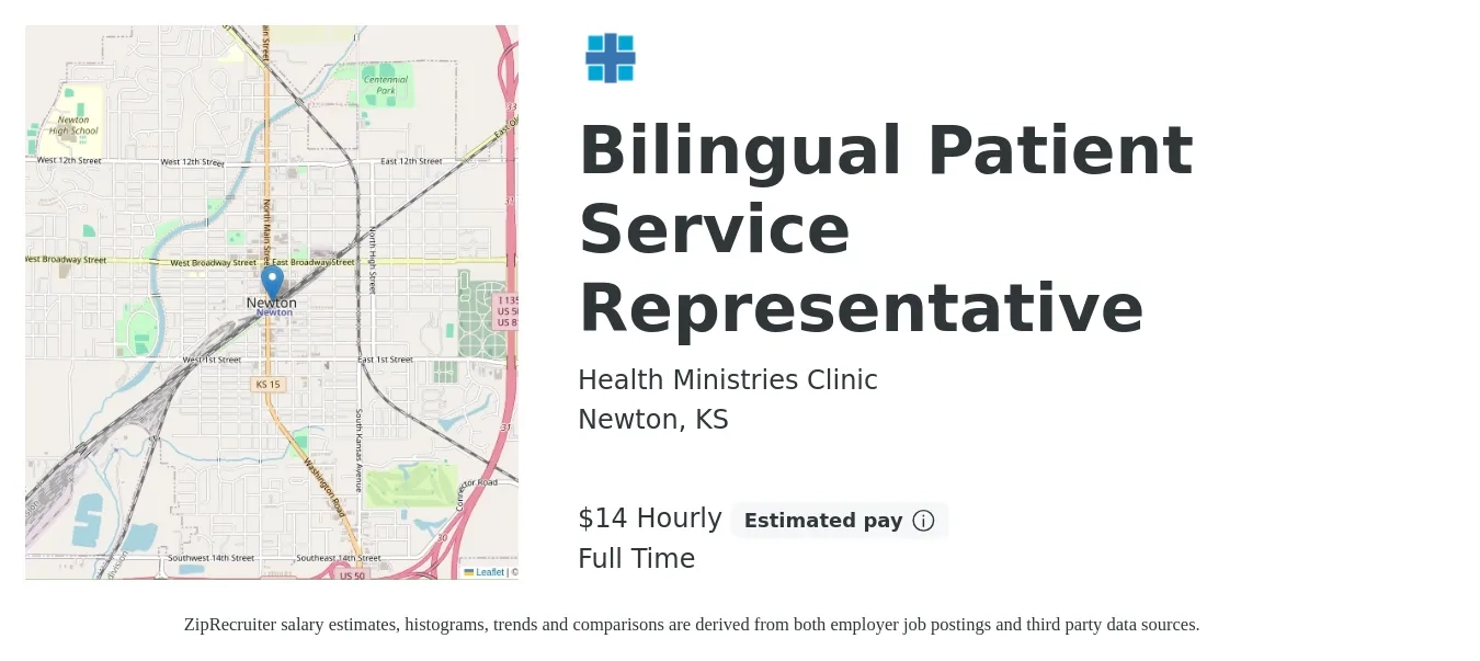 Health Ministries Clinic job posting for a Bilingual Patient Service Representative in Newton, KS with a salary of $15 Hourly with a map of Newton location.