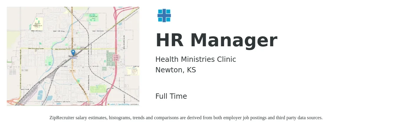 Health Ministries Clinic job posting for a HR Manager in Newton, KS with a salary of $45,000 to $60,000 Yearly with a map of Newton location.