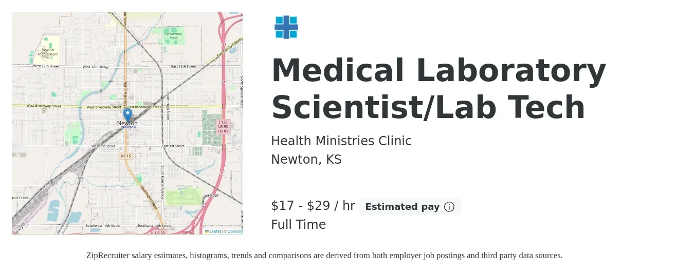 Health Ministries Clinic job posting for a Medical Laboratory Scientist/Lab Tech in Newton, KS with a salary of $18 to $31 Hourly with a map of Newton location.