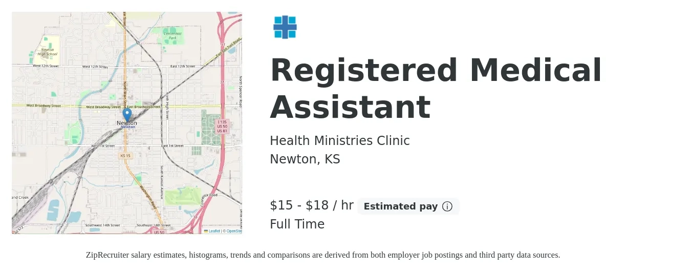 Health Ministries Clinic job posting for a Registered Medical Assistant in Newton, KS with a salary of $16 to $20 Hourly with a map of Newton location.
