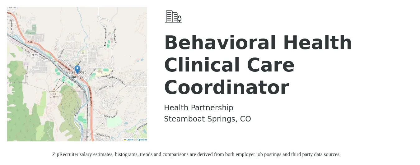 Health Partnership job posting for a Behavioral Health Clinical Care Coordinator in Steamboat Springs, CO with a salary of $55,000 to $65,000 Yearly with a map of Steamboat Springs location.