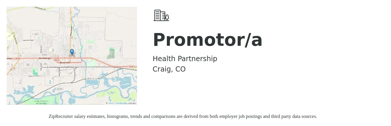 Health Partnership job posting for a Promotor/a in Craig, CO with a salary of $55,000 to $60,000 Yearly with a map of Craig location.