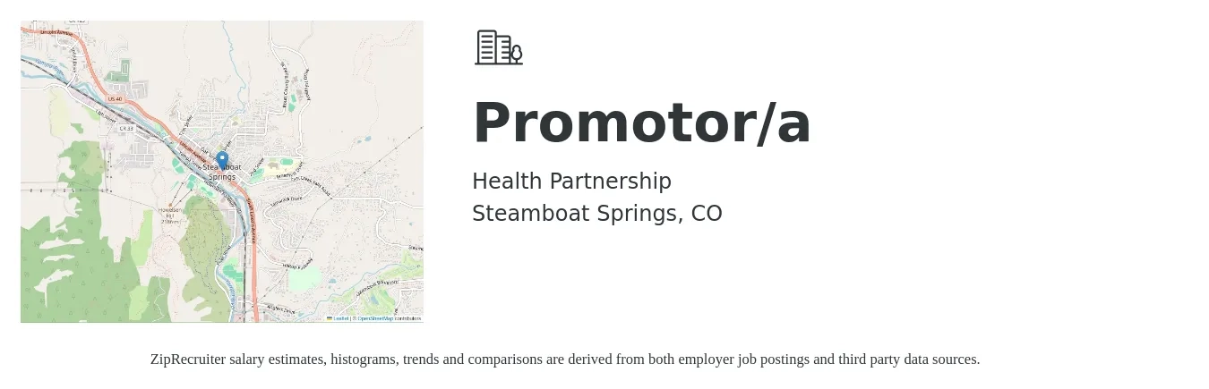 Health Partnership job posting for a Promotor/a in Steamboat Springs, CO with a salary of $55,000 to $60,000 Yearly with a map of Steamboat Springs location.