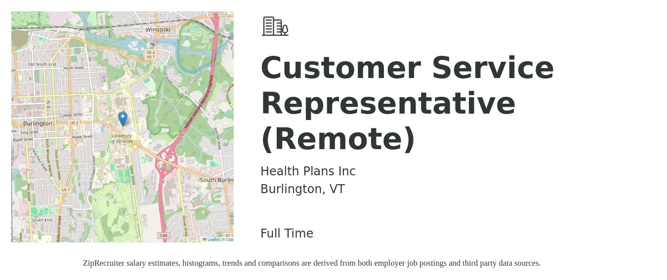 Health Plans Inc job posting for a Customer Service Representative (Remote) in Burlington, VT with a salary of $16 to $22 Hourly with a map of Burlington location.