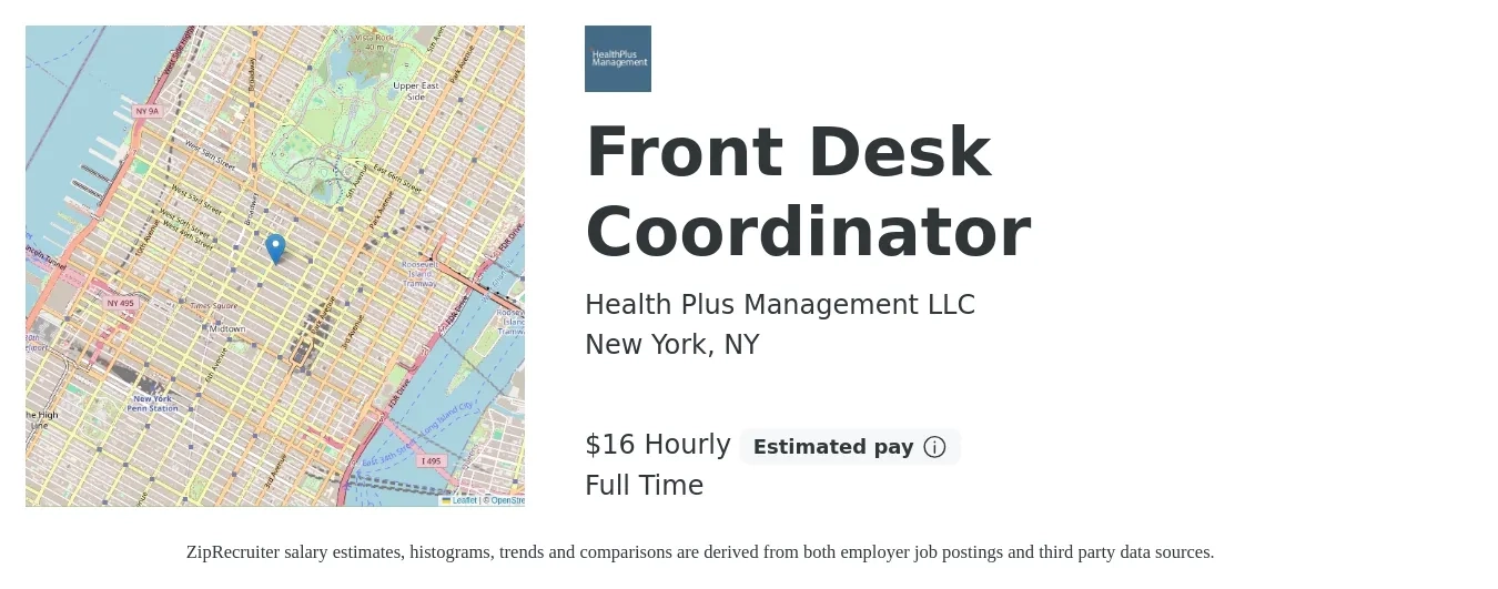 Health Plus Management LLC job posting for a Front Desk Coordinator in New York, NY with a salary of $17 Hourly with a map of New York location.