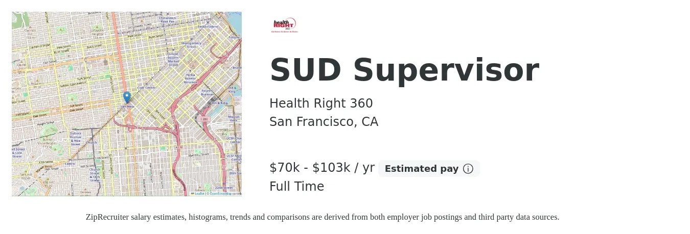 Health Right 360 job posting for a SUD Supervisor in San Francisco, CA with a map of San Francisco location.