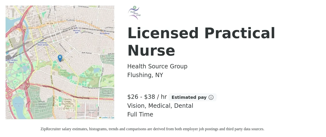 Health Source Group job posting for a Licensed Practical Nurse in Flushing, NY with a salary of $28 to $40 Hourly and benefits including dental, medical, retirement, and vision with a map of Flushing location.