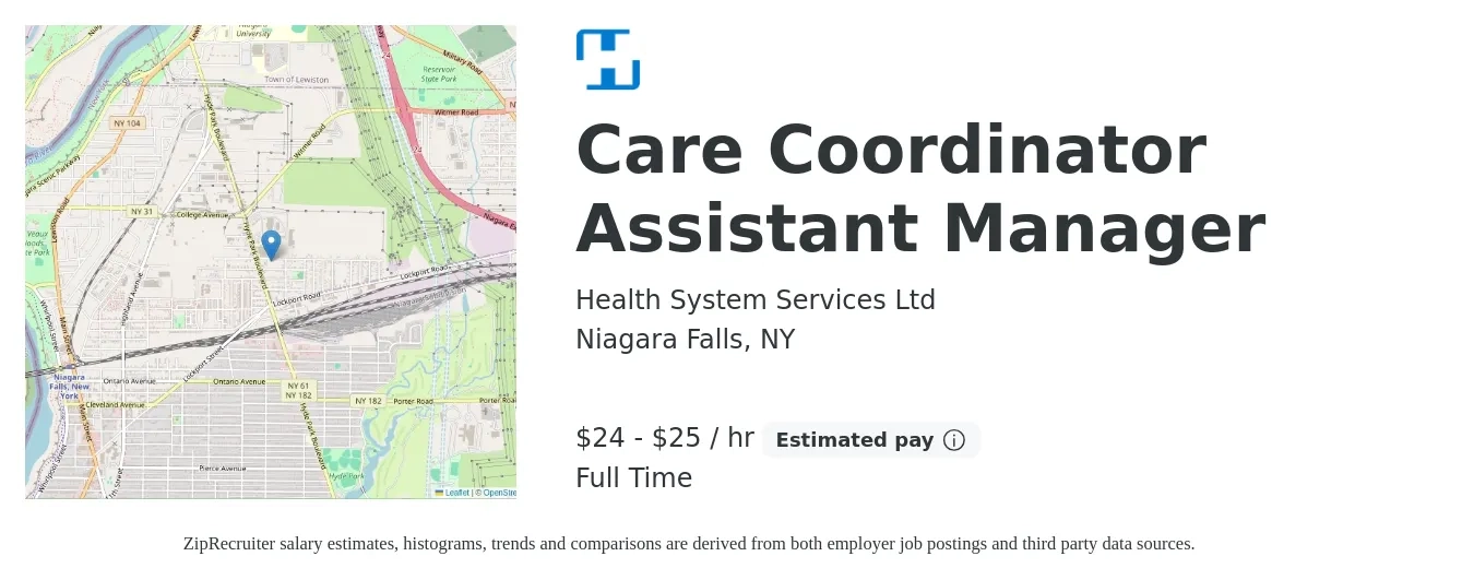 Health System Services Ltd job posting for a Care Coordinator Assistant Manager in Niagara Falls, NY with a salary of $25 to $26 Hourly with a map of Niagara Falls location.