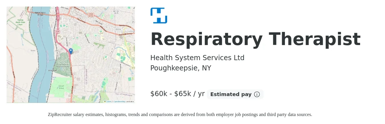 Health System Services Ltd job posting for a Respiratory Therapist in Poughkeepsie, NY with a salary of $60,000 to $65,000 Yearly with a map of Poughkeepsie location.