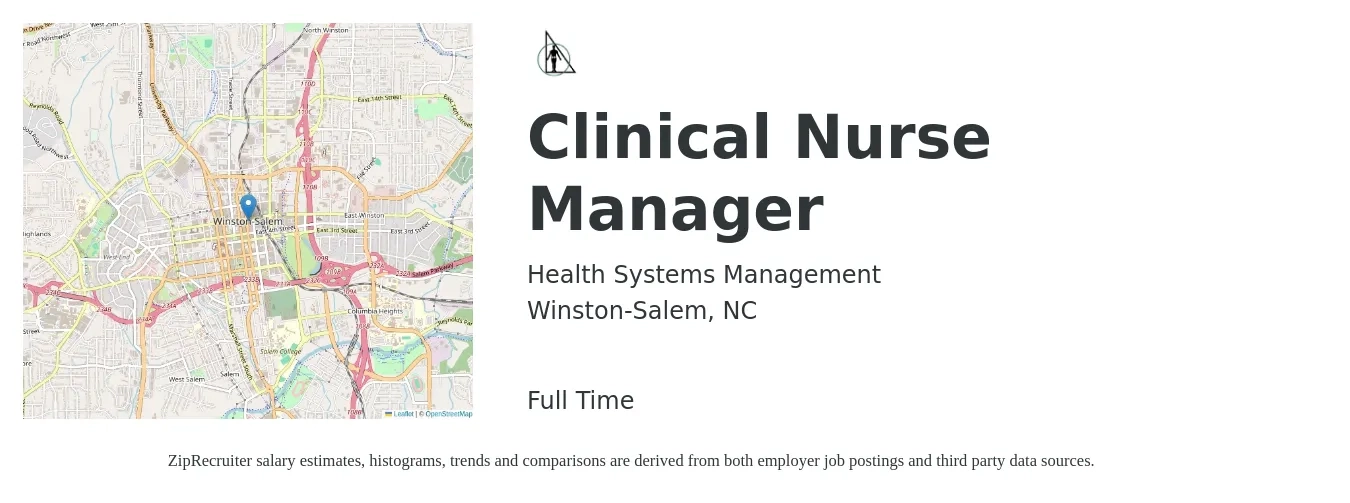 Health Systems Management job posting for a Clinical Nurse Manager in Winston-Salem, NC with a salary of $65,500 to $96,400 Yearly with a map of Winston-Salem location.