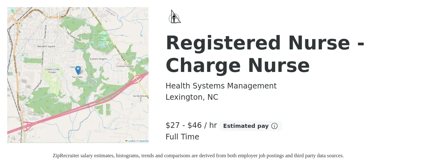 Health Systems Management job posting for a Registered Nurse - Charge Nurse in Lexington, NC with a salary of $29 to $48 Hourly with a map of Lexington location.