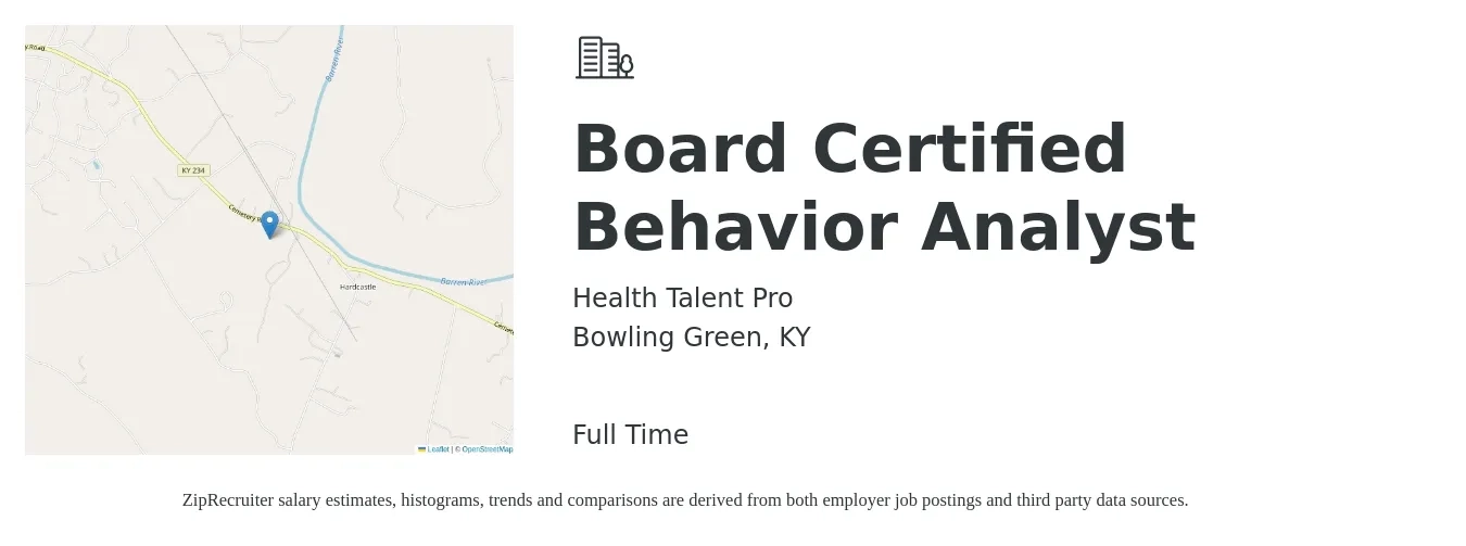 Health Talent Pro job posting for a Board Certified Behavior Analyst in Bowling Green, KY with a salary of $72,500 to $88,700 Yearly with a map of Bowling Green location.
