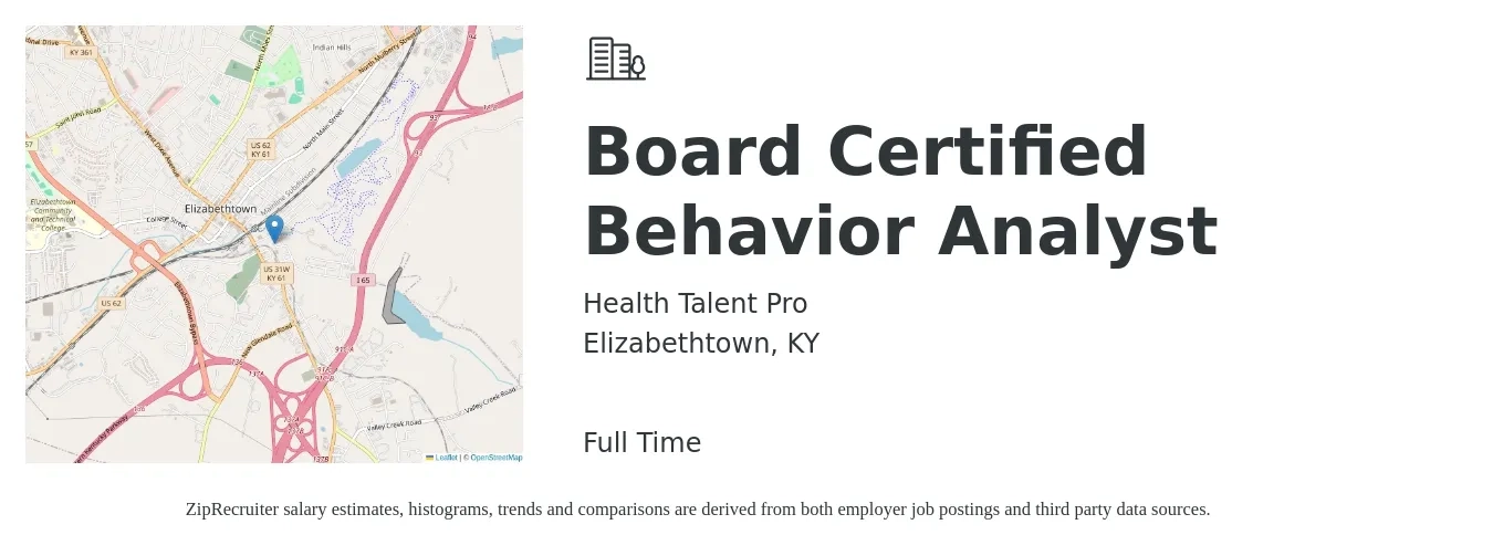 Health Talent Pro job posting for a Board Certified Behavior Analyst in Elizabethtown, KY with a salary of $67,900 to $83,100 Yearly with a map of Elizabethtown location.