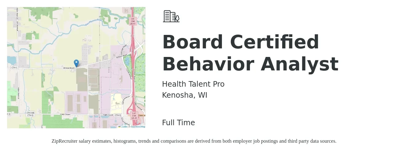 Health Talent Pro job posting for a Board Certified Behavior Analyst in Kenosha, WI with a salary of $72,200 to $88,300 Yearly with a map of Kenosha location.