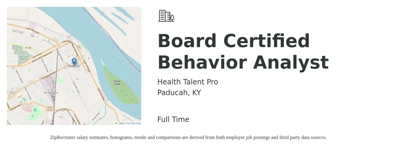 Health Talent Pro job posting for a Board Certified Behavior Analyst in Paducah, KY with a salary of $72,600 to $88,800 Yearly with a map of Paducah location.