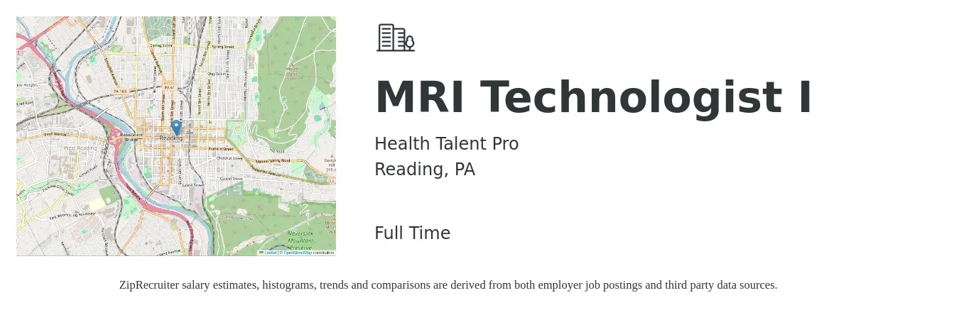 Health Talent Pro job posting for a MRI Technologist I in Reading, PA with a salary of $1,600 to $2,590 Weekly with a map of Reading location.