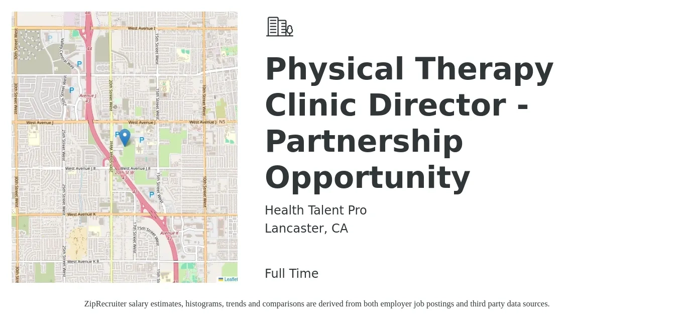 Health Talent Pro job posting for a Physical Therapy Clinic Director - Partnership Opportunity in Lancaster, CA with a salary of $91,900 to $106,200 Yearly with a map of Lancaster location.