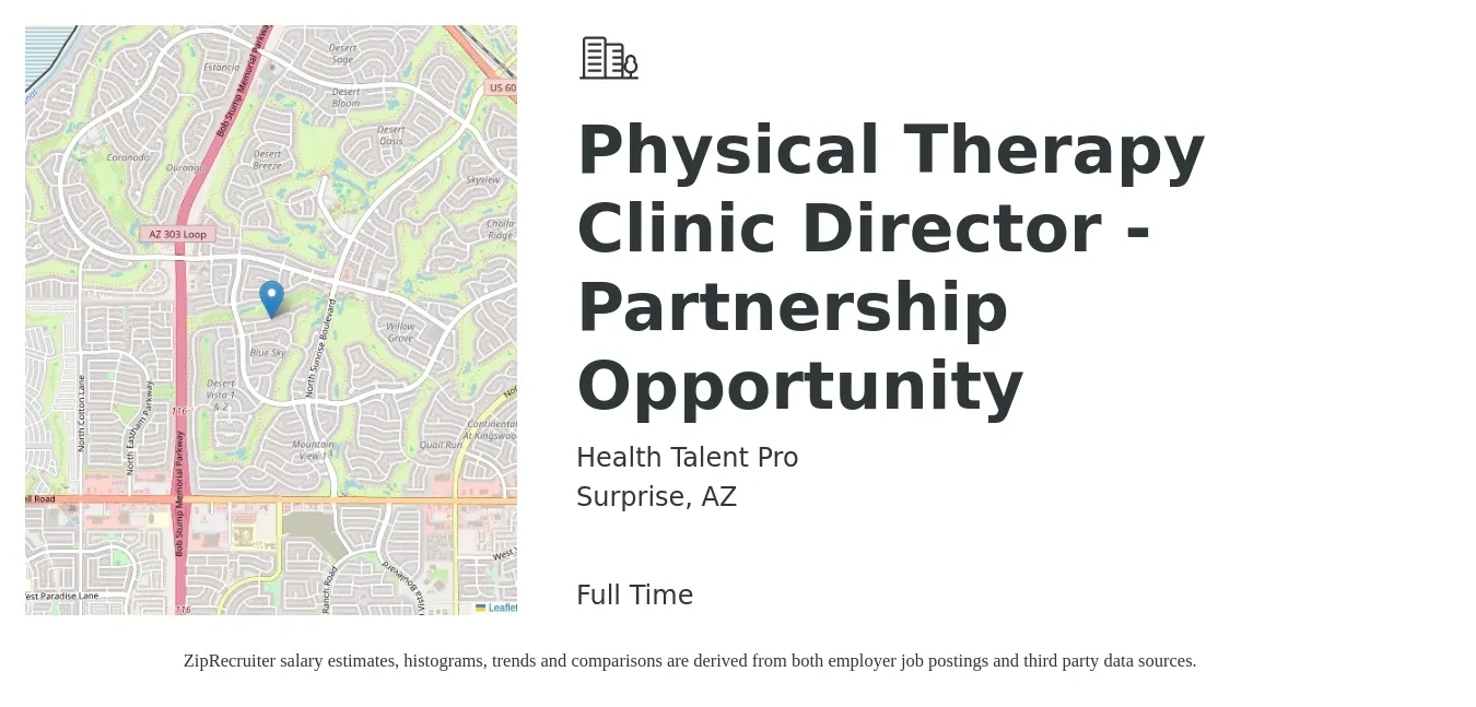 Health Talent Pro job posting for a Physical Therapy Clinic Director - Partnership Opportunity in Surprise, AZ with a salary of $84,400 to $97,400 Yearly with a map of Surprise location.
