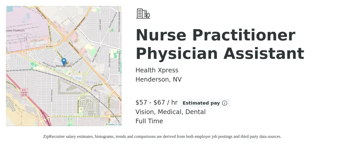 Health Xpress job posting for a Nurse Practitioner Physician Assistant in Henderson, NV with a salary of $60 to $70 Hourly and benefits including vision, dental, medical, pto, and retirement with a map of Henderson location.