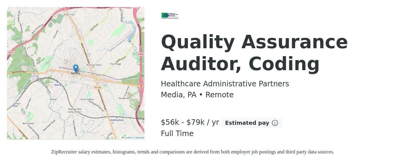 Healthcare Administrative Partners job posting for a Quality Assurance Auditor, Coding in Media, PA with a salary of $27 to $38 Hourly with a map of Media location.