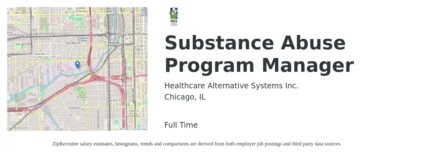 Healthcare Alternative Systems Inc. job posting for a Substance Abuse Program Manager in Chicago, IL with a salary of $54,700 to $118,300 Yearly with a map of Chicago location.