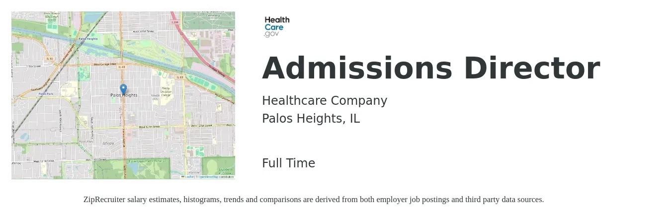 Healthcare Company job posting for a Admissions Director in Palos Heights, IL with a salary of $50,500 to $75,700 Yearly with a map of Palos Heights location.