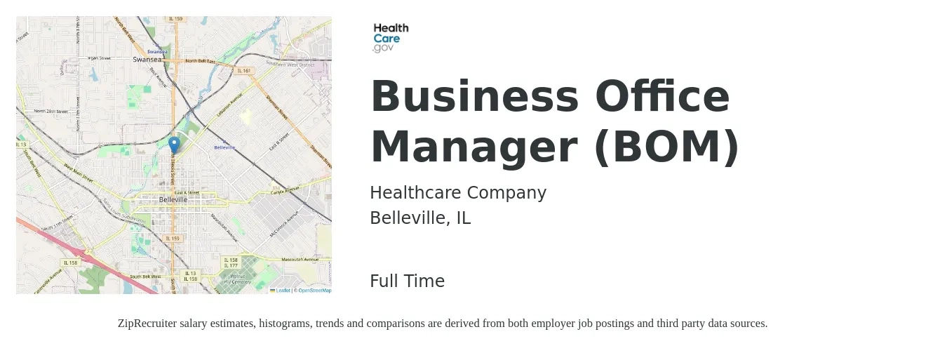 Healthcare Company job posting for a Business Office Manager (BOM) in Belleville, IL with a salary of $23 to $32 Hourly with a map of Belleville location.
