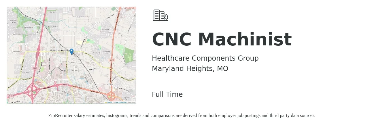 Healthcare Components Group job posting for a CNC Machinist in Maryland Heights, MO with a salary of $20 to $27 Hourly with a map of Maryland Heights location.
