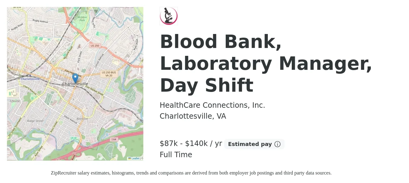 HealthCare Connections, Inc. job posting for a Blood Bank, Laboratory Manager, Day Shift in Charlottesville, VA with a salary of $87,000 to $140,000 Yearly with a map of Charlottesville location.