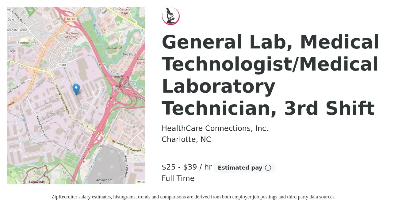 HealthCare Connections, Inc. job posting for a General Lab, Medical Technologist/Medical Laboratory Technician, 3rd Shift in Charlotte, NC with a salary of $27 to $41 Hourly with a map of Charlotte location.