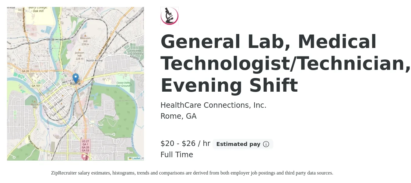 HealthCare Connections, Inc. job posting for a General Lab, Medical Technologist/Technician, Evening Shift in Rome, GA with a salary of $22 to $27 Hourly with a map of Rome location.