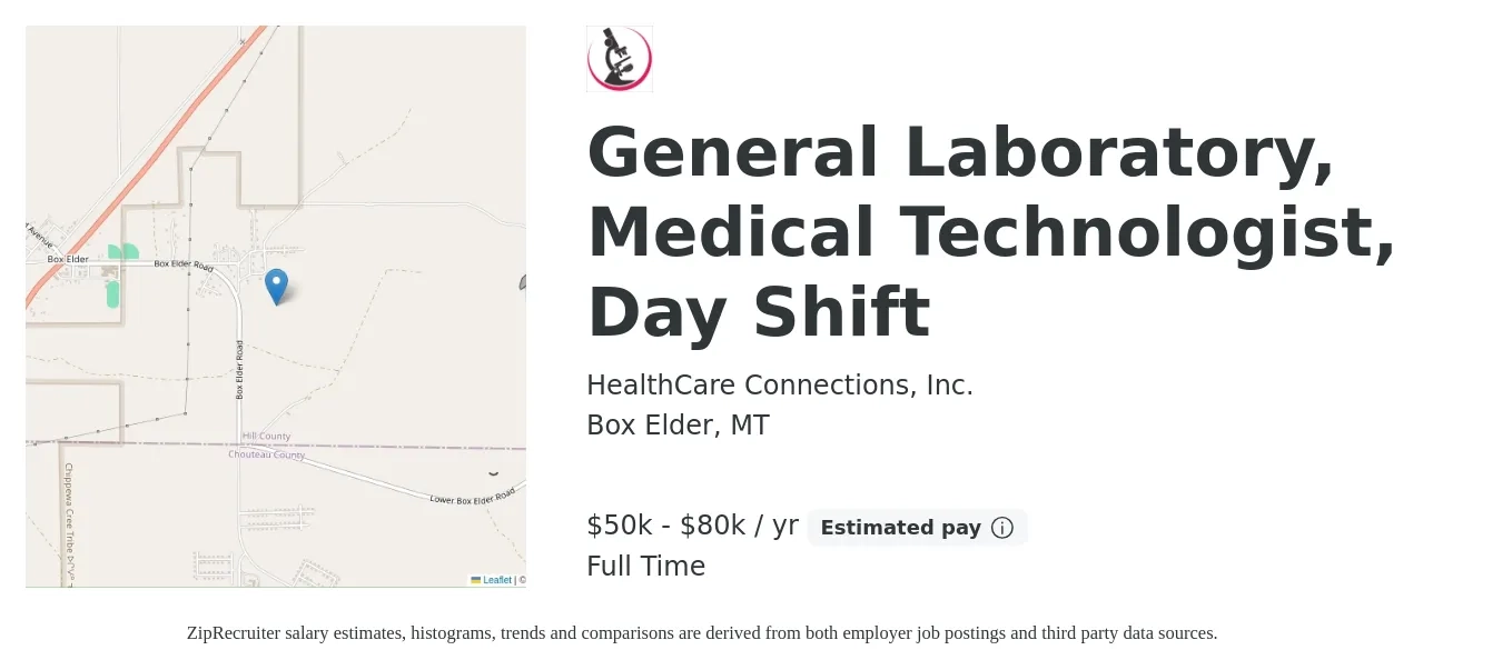 HealthCare Connections, Inc. job posting for a General Laboratory, Medical Technologist, Day Shift in Box Elder, MT with a salary of $50,000 to $80,000 Yearly with a map of Box Elder location.