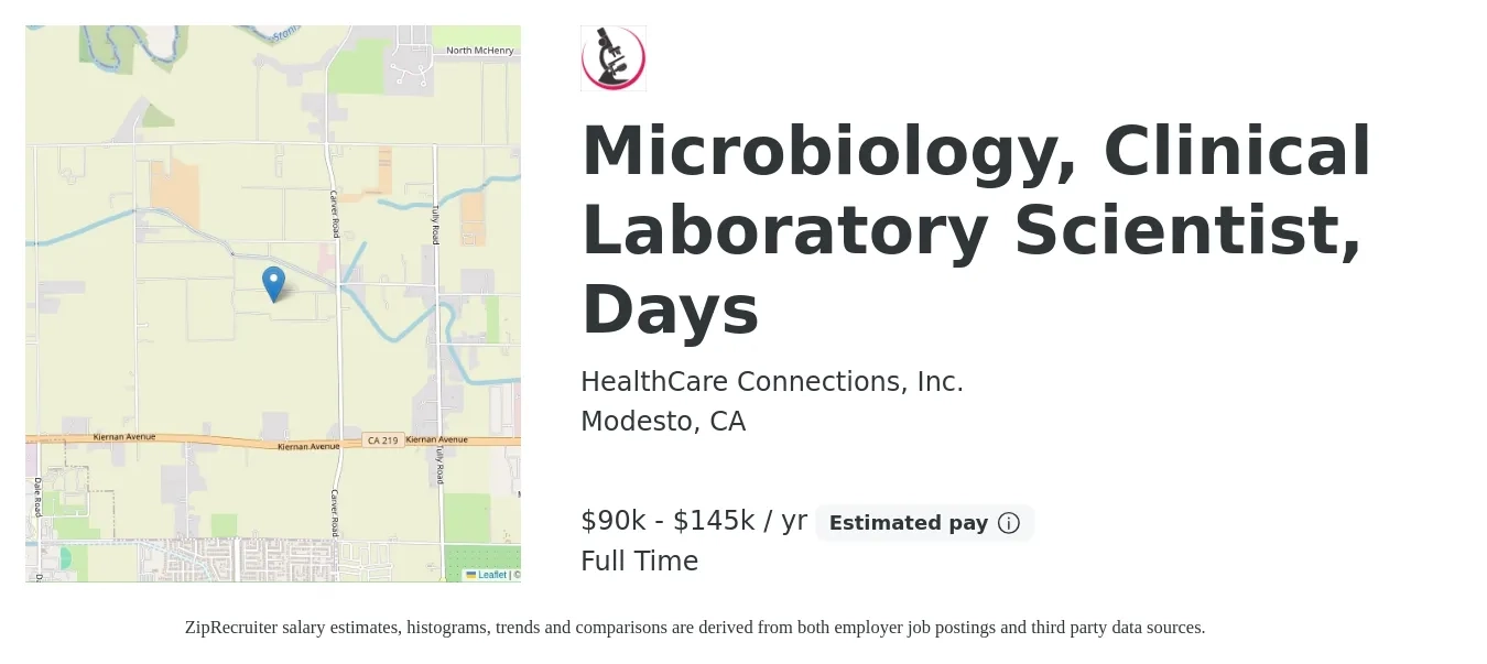 HealthCare Connections, Inc. job posting for a Microbiology, Clinical Laboratory Scientist, Days in Modesto, CA with a salary of $90,000 to $145,000 Yearly with a map of Modesto location.