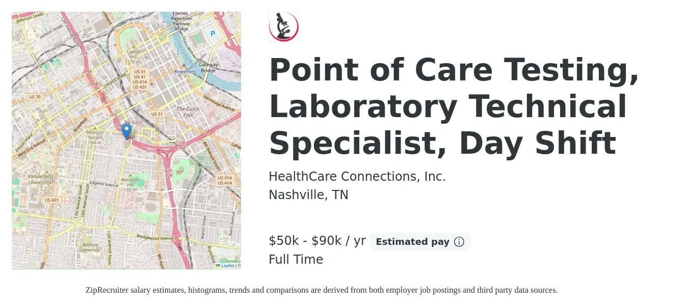 HealthCare Connections, Inc. job posting for a Point of Care Testing, Laboratory Technical Specialist, Day Shift in Nashville, TN with a salary of $50,000 to $90,000 Yearly with a map of Nashville location.