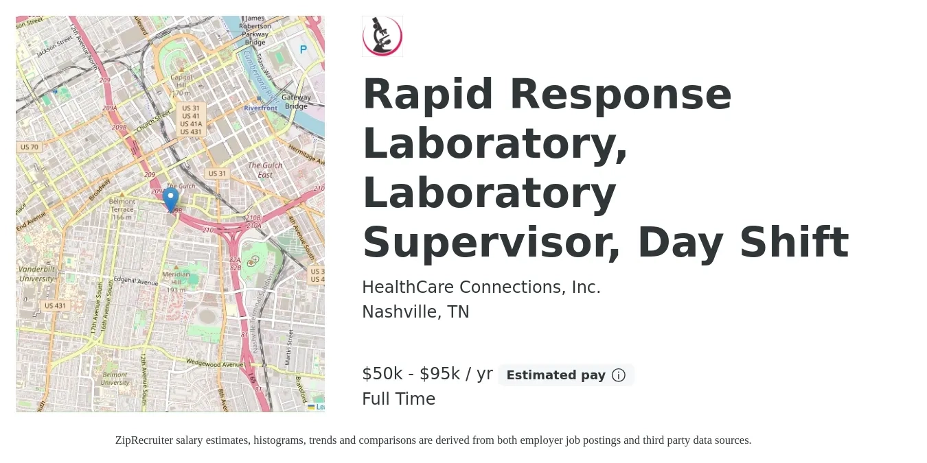 HealthCare Connections, Inc. job posting for a Rapid Response Laboratory, Laboratory Supervisor, Day Shift in Nashville, TN with a salary of $50,000 to $95,000 Yearly with a map of Nashville location.