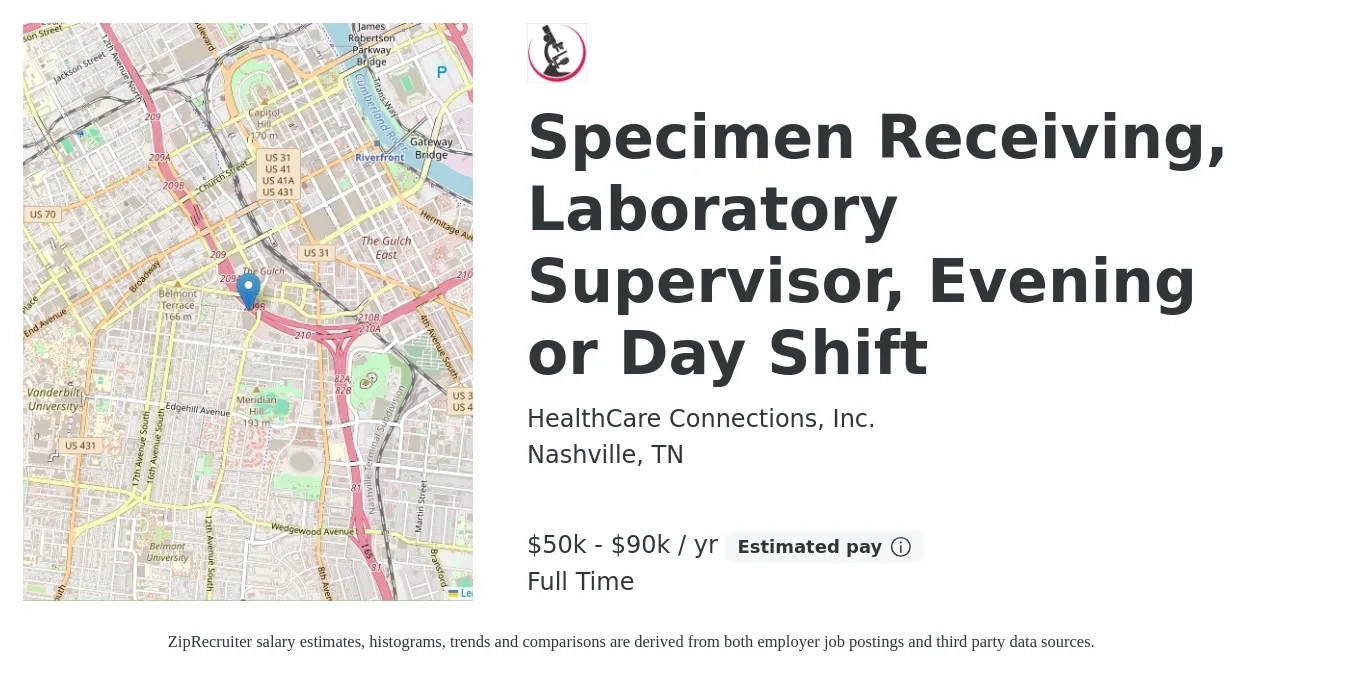 HealthCare Connections, Inc. job posting for a Specimen Receiving, Laboratory Supervisor, Evening or Day Shift in Nashville, TN with a salary of $50,000 to $90,000 Yearly with a map of Nashville location.