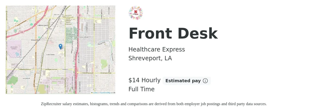 Healthcare Express job posting for a Front Desk in Shreveport, LA with a salary of $15 Hourly with a map of Shreveport location.