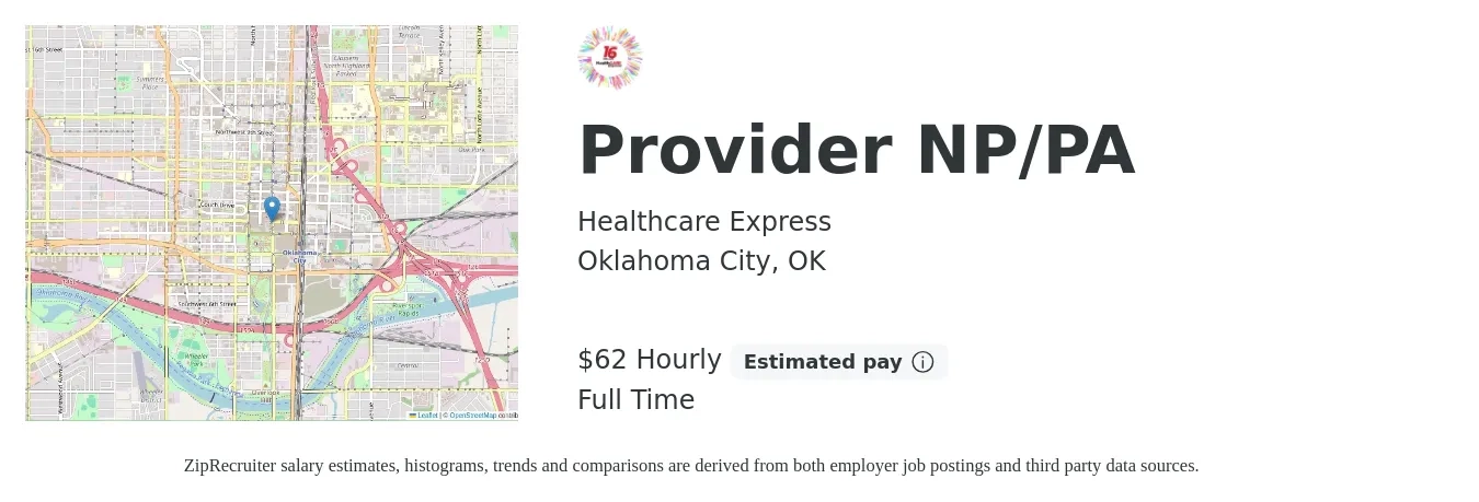 Healthcare Express job posting for a Provider NP/PA in Oklahoma City, OK with a salary of $65 Hourly with a map of Oklahoma City location.