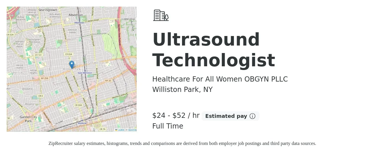 Healthcare For All Women OBGYN PLLC job posting for a Ultrasound Technologist in Williston Park, NY with a salary of $25 to $55 Hourly with a map of Williston Park location.