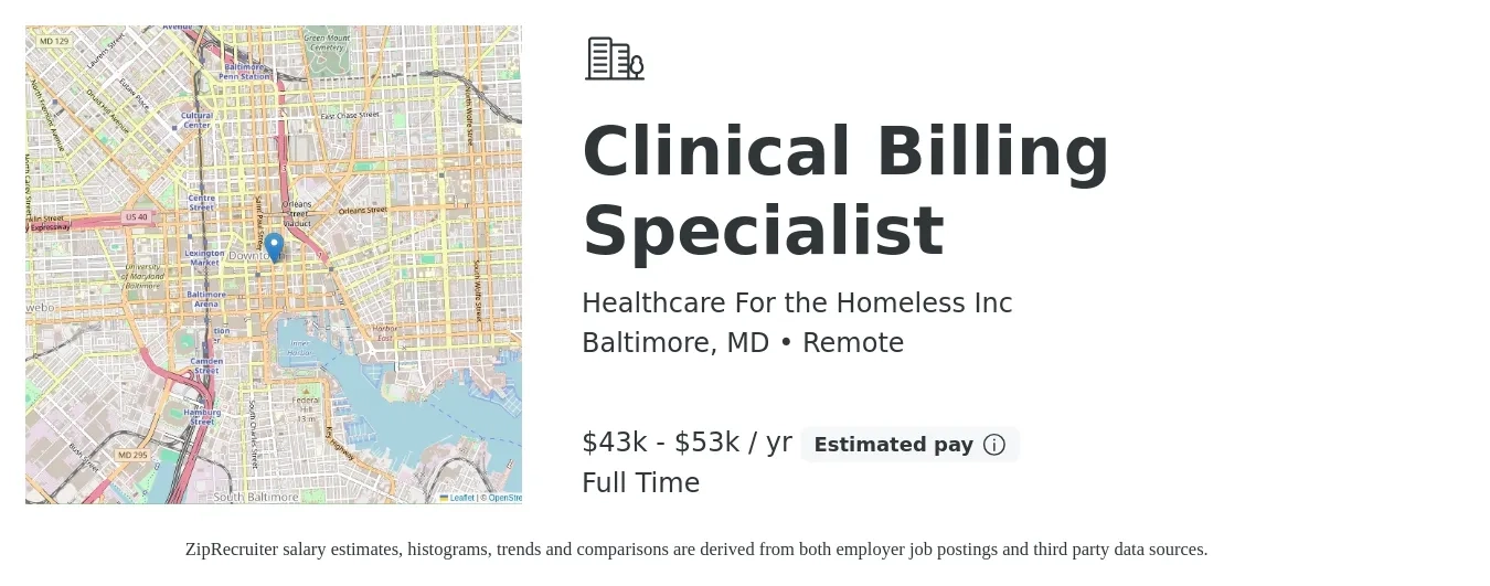 Healthcare For the Homeless Inc job posting for a Clinical Billing Specialist in Baltimore, MD with a salary of $43,959 to $53,850 Yearly with a map of Baltimore location.