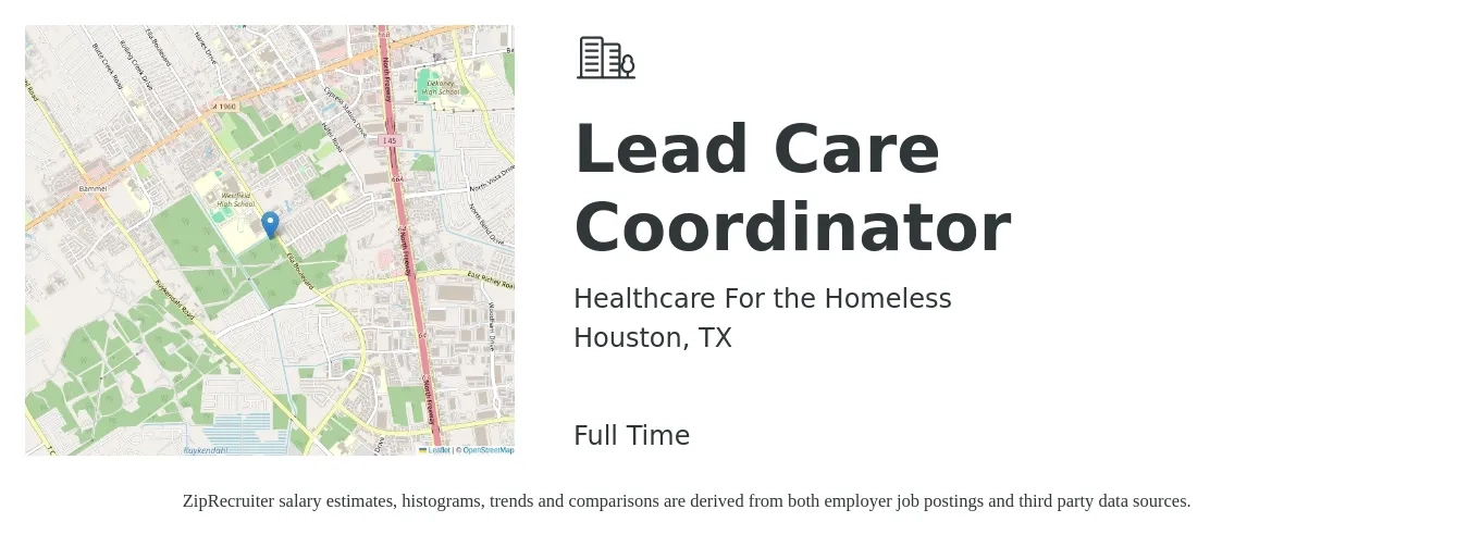 Healthcare For the Homeless job posting for a Lead Care Coordinator in Houston, TX with a salary of $46,640 Yearly with a map of Houston location.