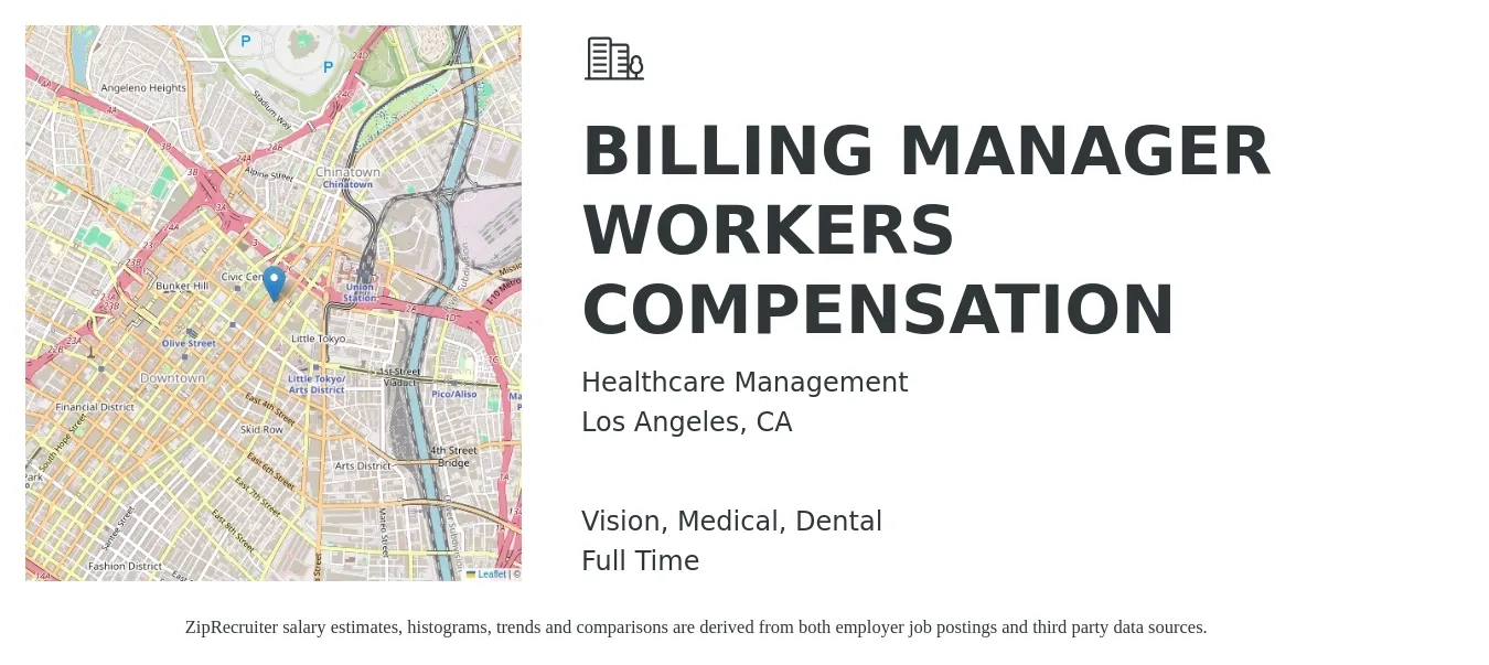 Healthcare Management job posting for a BILLING MANAGER WORKERS COMPENSATION in Los Angeles, CA with a salary of $64,600 to $90,700 Yearly and benefits including retirement, vision, dental, life_insurance, medical, and pto with a map of Los Angeles location.
