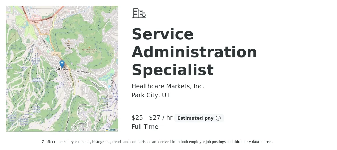 Healthcare Markets, Inc. job posting for a Service Administration Specialist in Park City, UT with a salary of $58,000 to $62,000 Yearly with a map of Park City location.