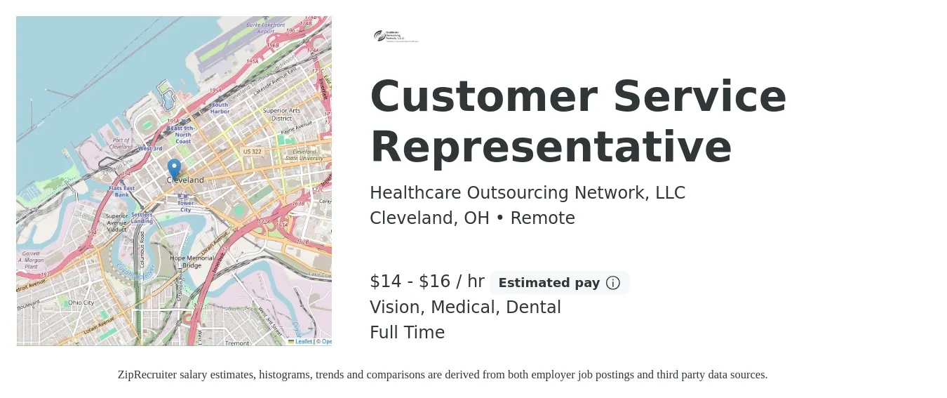 Healthcare Outsourcing Network, LLC job posting for a Customer Service Representative in Cleveland, OH with a salary of $15 to $17 Hourly and benefits including dental, medical, retirement, and vision with a map of Cleveland location.
