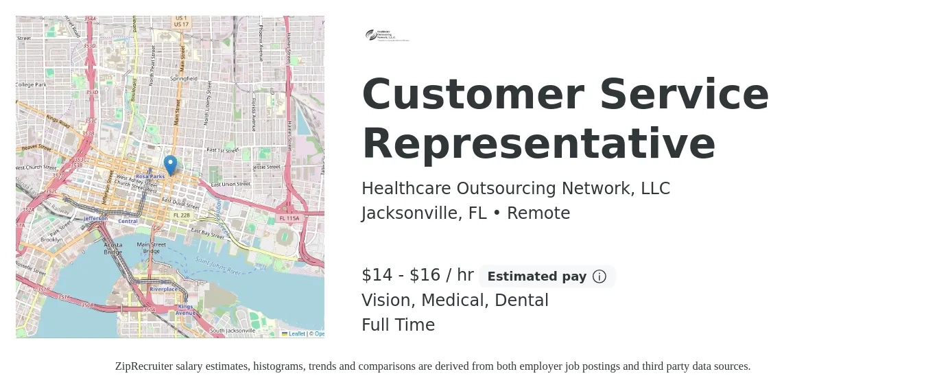 Healthcare Outsourcing Network, LLC job posting for a Customer Service Representative in Jacksonville, FL with a salary of $15 to $17 Hourly and benefits including medical, retirement, vision, and dental with a map of Jacksonville location.