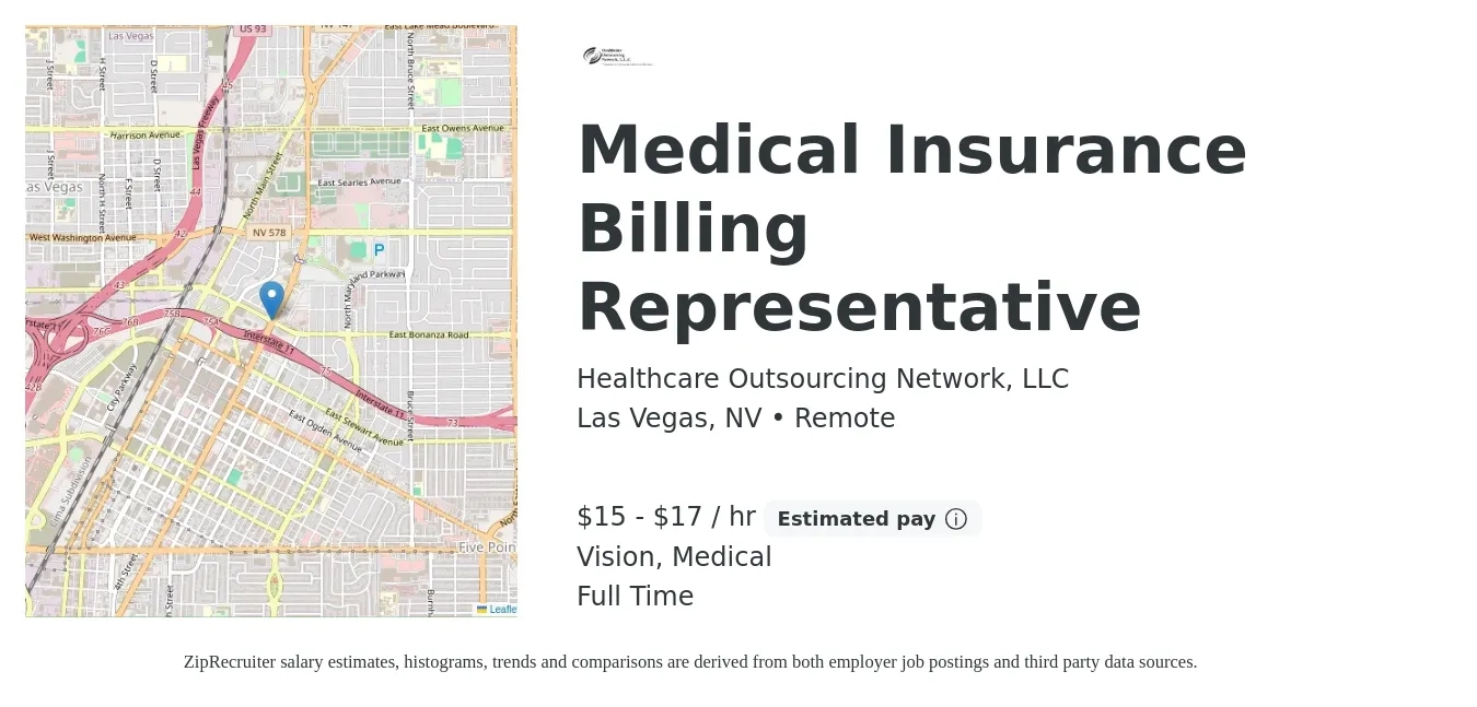 Healthcare Outsourcing Network, LLC job posting for a Medical Insurance Billing Representative in Las Vegas, NV with a salary of $16 to $18 Hourly and benefits including vision, medical, and retirement with a map of Las Vegas location.