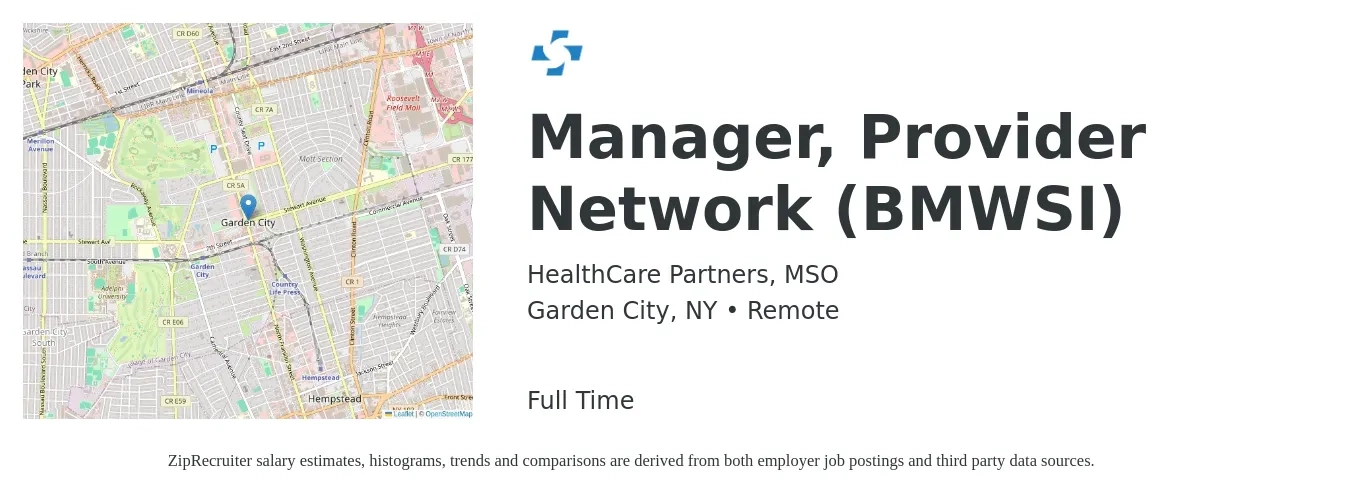 HealthCare Partners, MSO job posting for a Manager, Provider Network (BMWSI) in Garden City, NY with a salary of $82,900 to $131,700 Yearly with a map of Garden City location.