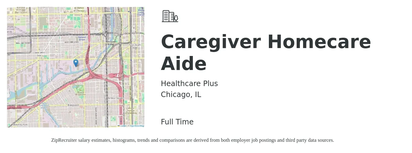 Healthcare Plus job posting for a Caregiver Homecare Aide in Chicago, IL with a salary of $15 to $19 Hourly with a map of Chicago location.